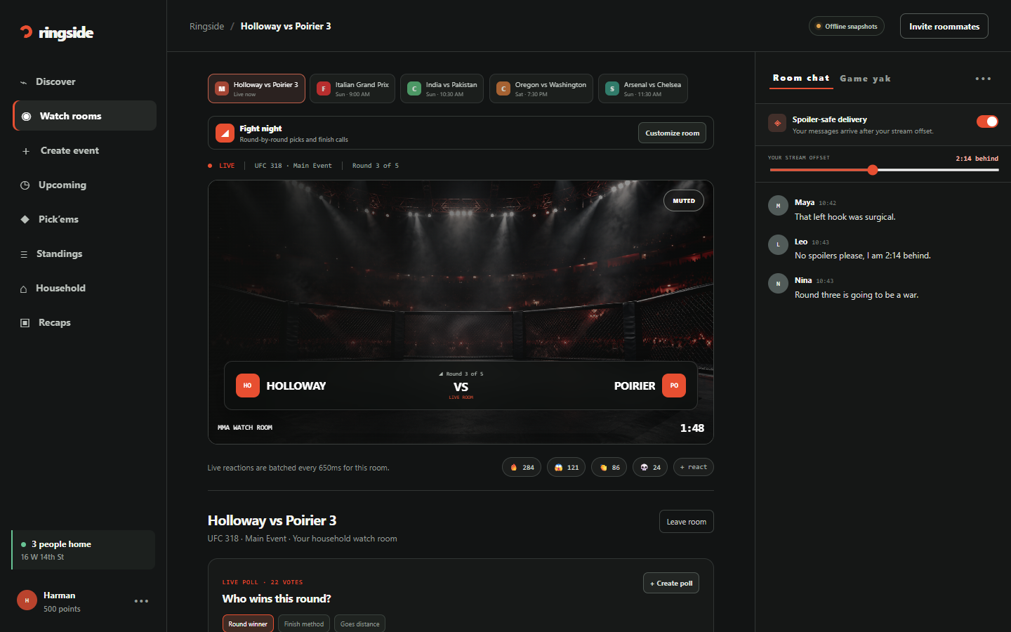 A live watch room (Holloway vs Poirier 3): event switcher along the top, the fight stage with round and clock, batched live reactions, a live poll ("Who wins this round?"), and a side panel with room chat / Game yak. Spoiler-safe delivery shows the stream offset slider and delays chat accordingly.