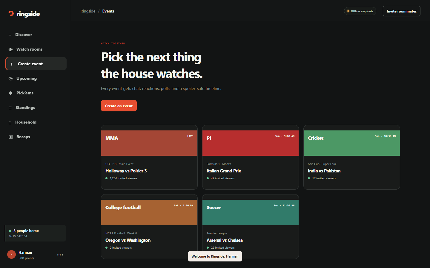 "Pick the next thing the house watches": event tiles per sport with invited viewers, and Create an event.