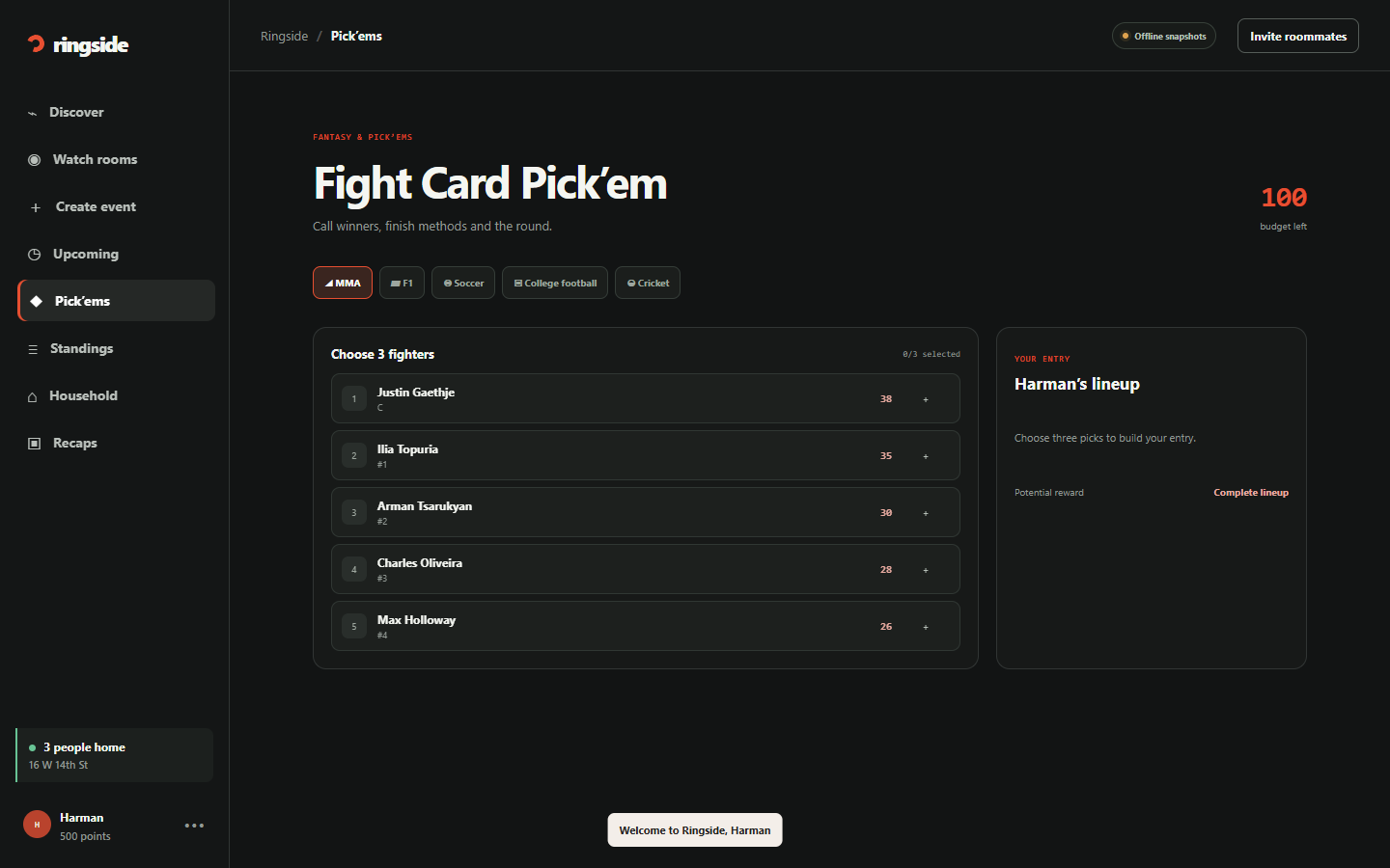 Fight card pick'em: choose three fighters within a budget of 100 to build a lineup; tabs for MMA, F1, soccer, college football and cricket.