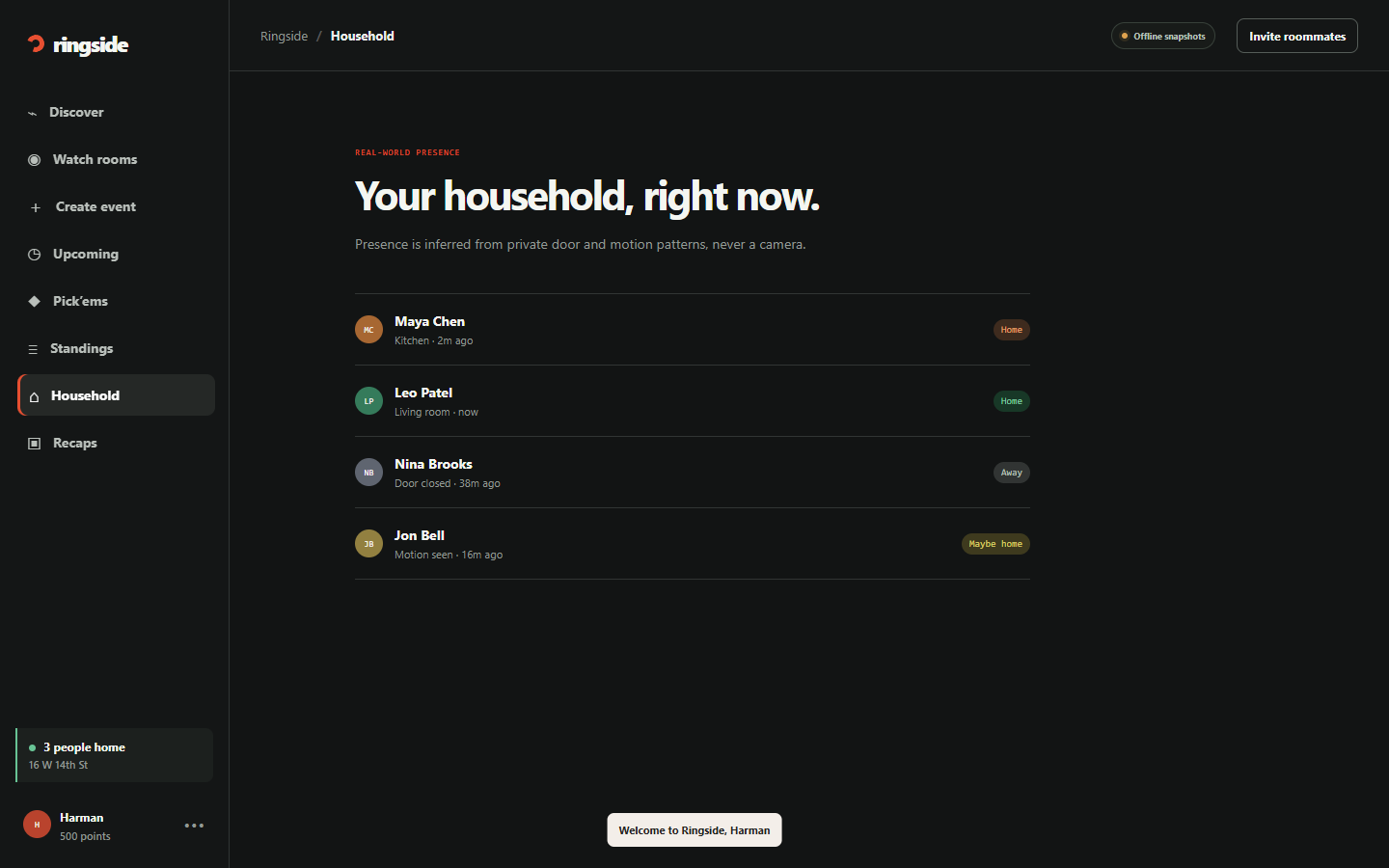 Household presence: who is home, away or maybe home, inferred from door and motion events, never a camera.
