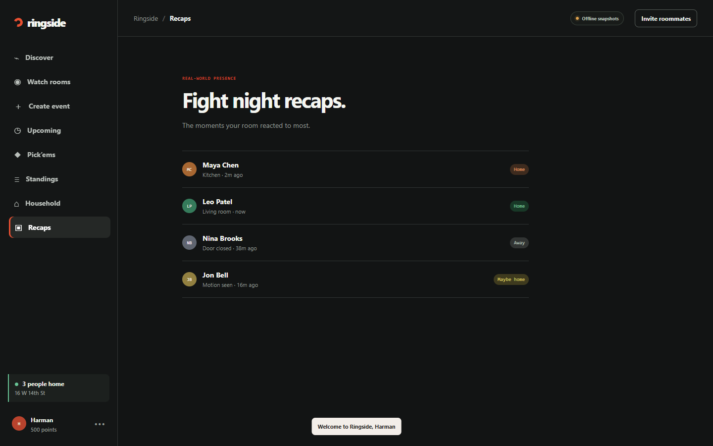 Recaps tab. Observation: at the time of capture this tab renders the same presence list as Household under a "Fight night recaps" heading.