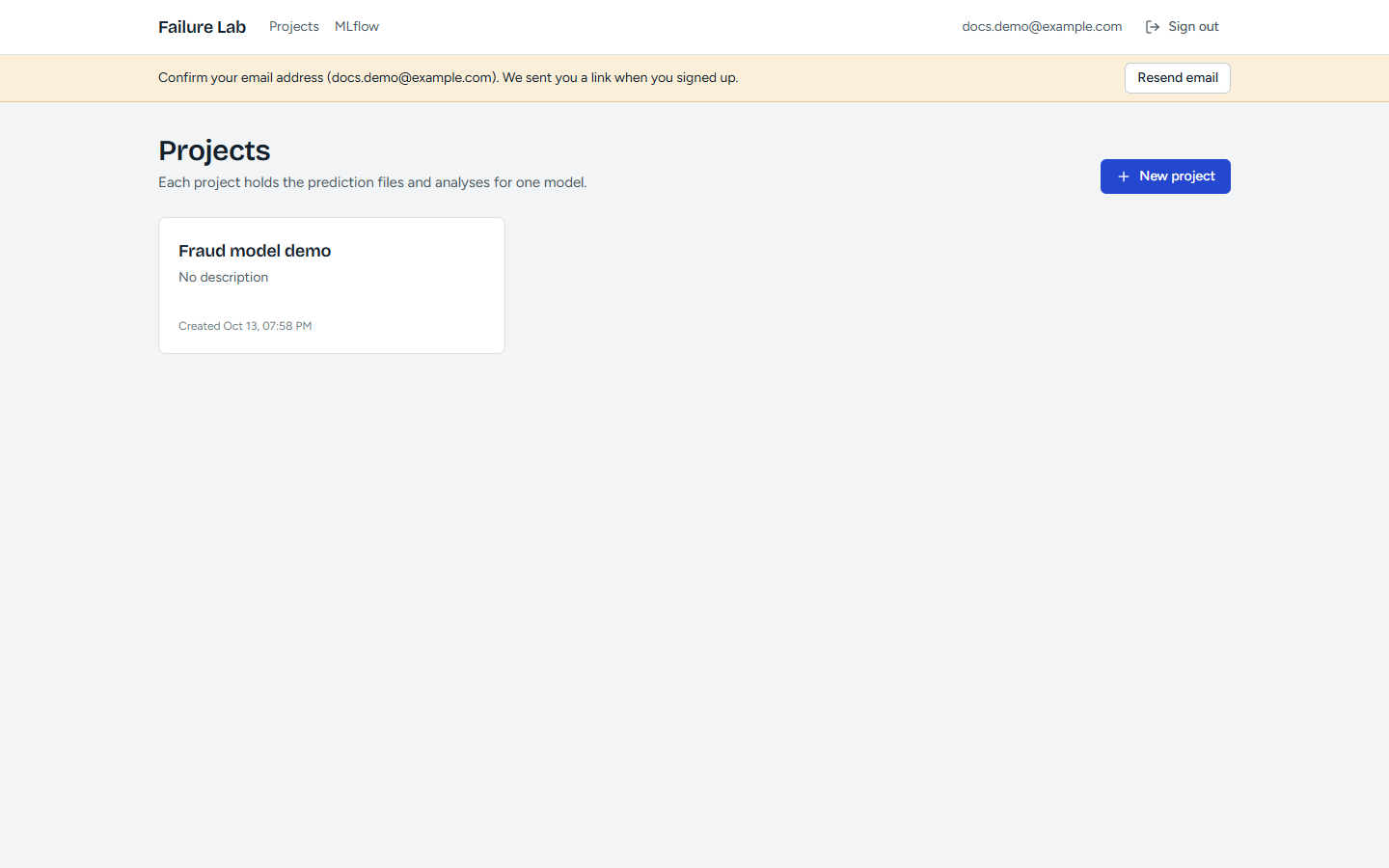 Projects: each holds the files and analyses for one model. (A throwaway account and a project named "Fraud model demo" were created in the local database to take these screenshots.)