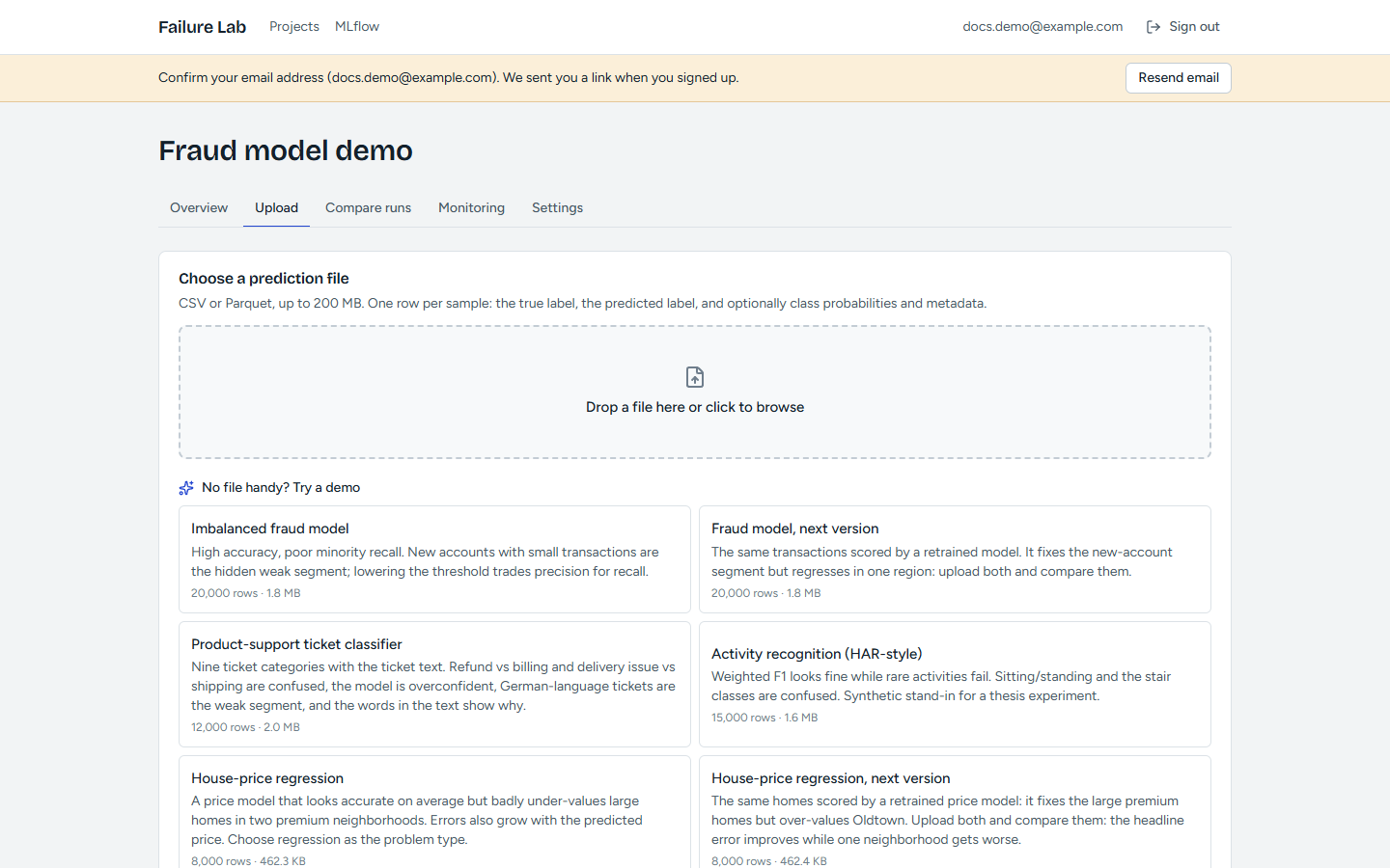 Upload: drop a CSV/Parquet or try a bundled demo (imbalanced fraud model, and others).