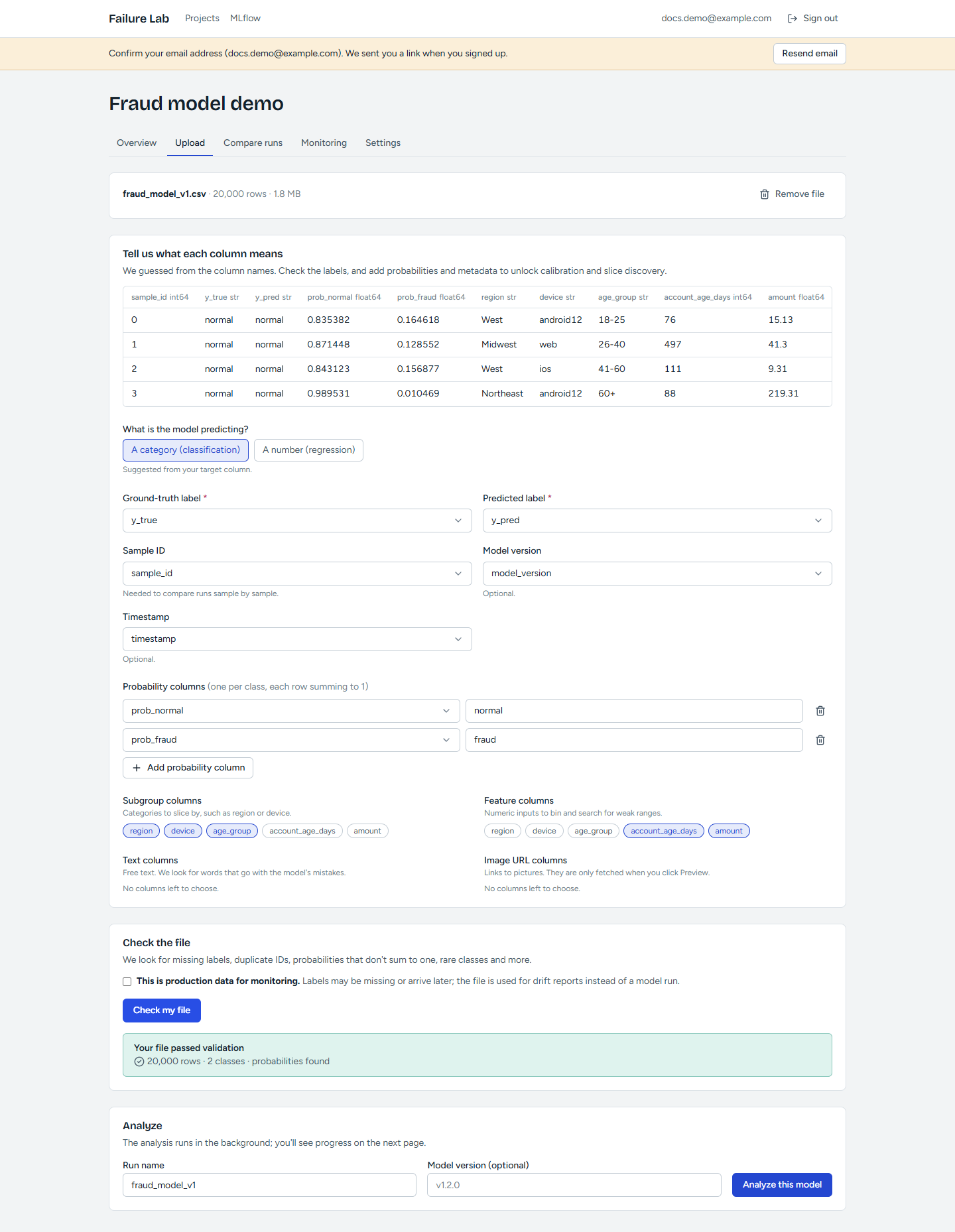 "Check my file": validation with fixable, human-readable messages before analysis.