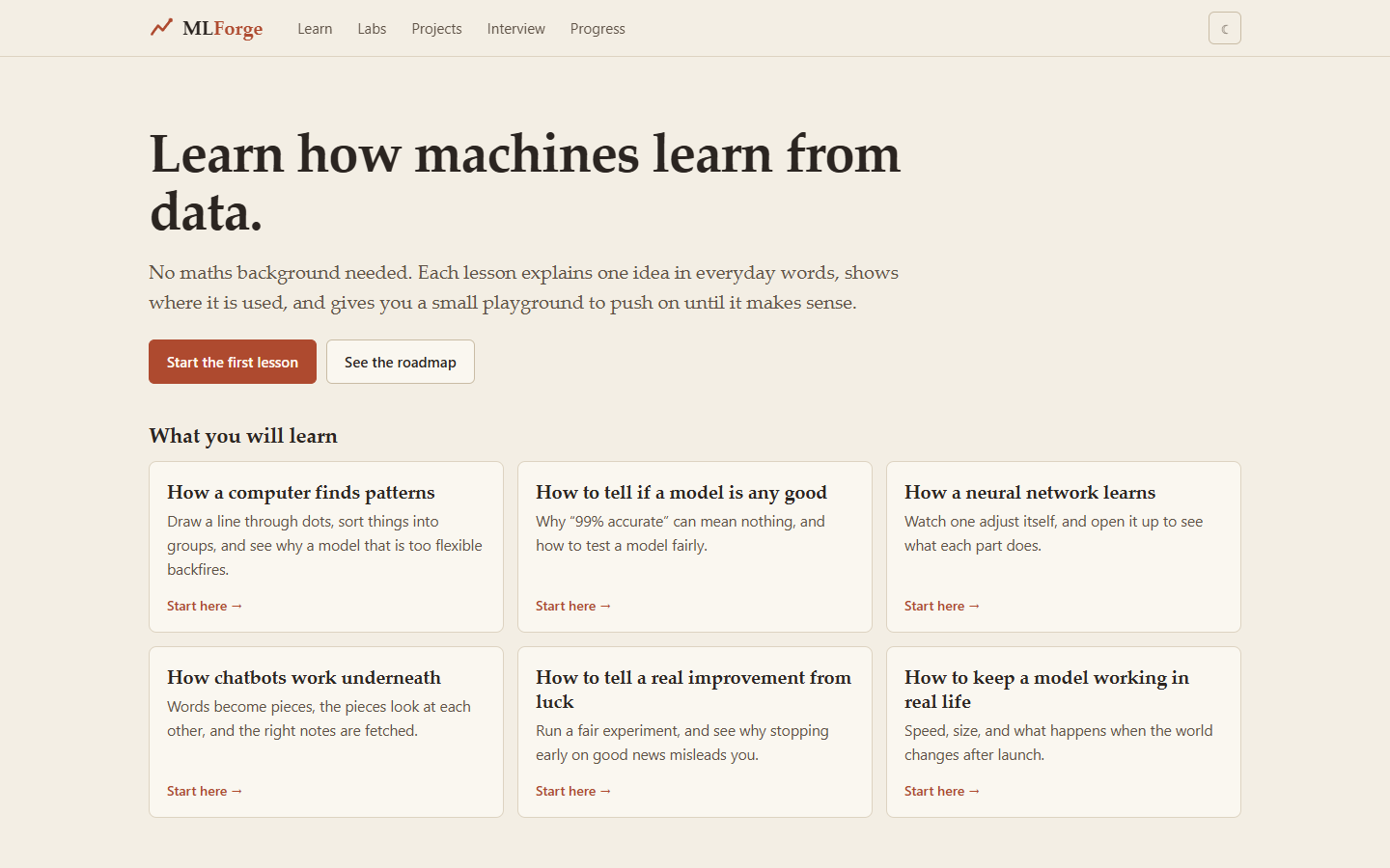 Landing page: "Learn how machines learn from data", what you will learn, and the roadmap.