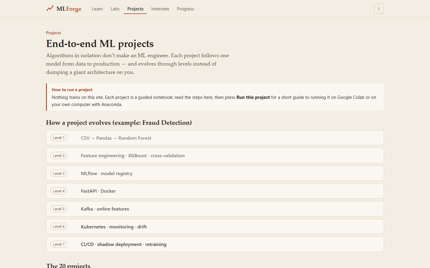 Twenty end-to-end projects and how one evolves (fraud detection example).