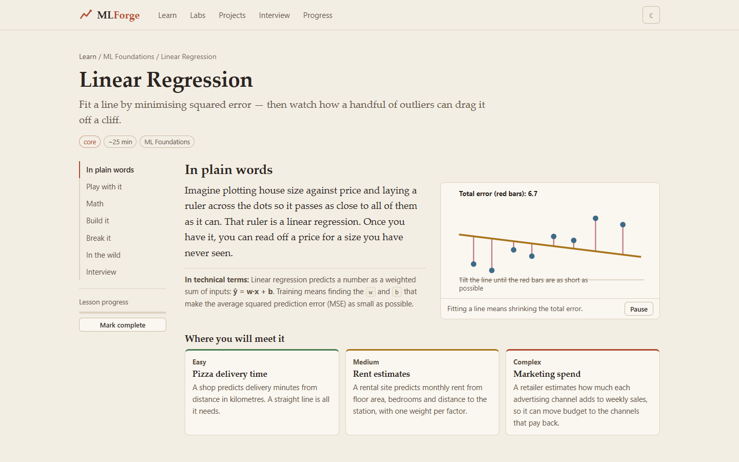 A lesson page: sidebar sections (plain words, play with it, math, build it, break it, in the wild, interview).