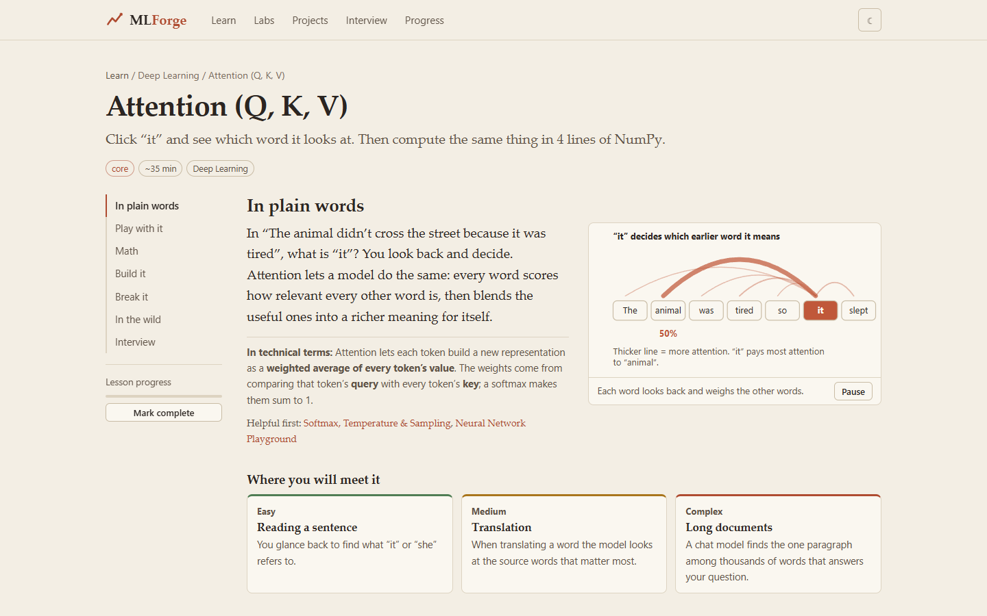 Attention (Q, K, V) lesson.