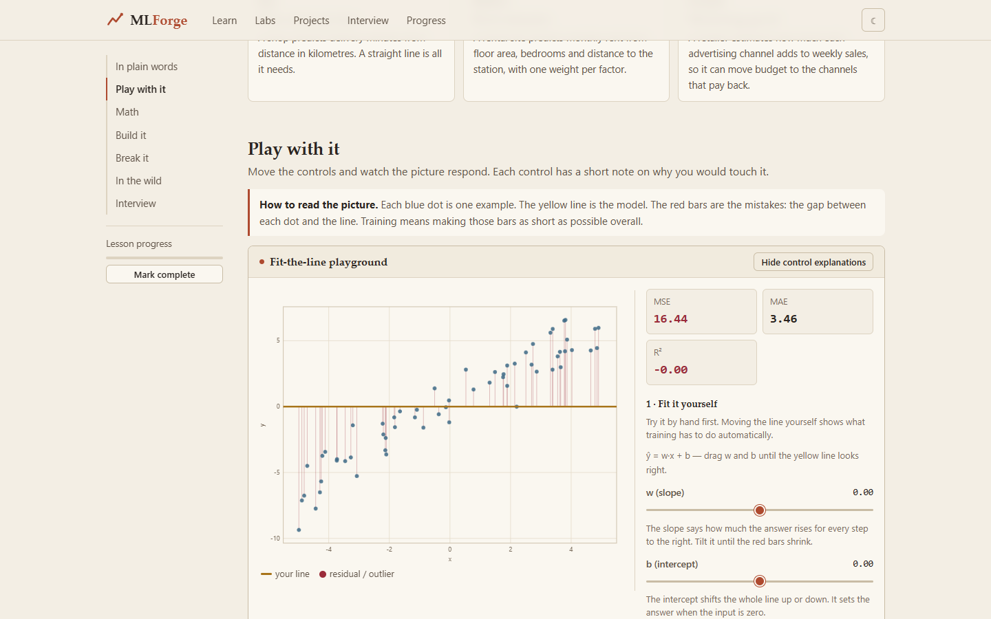 The linear-regression lab with its controls.