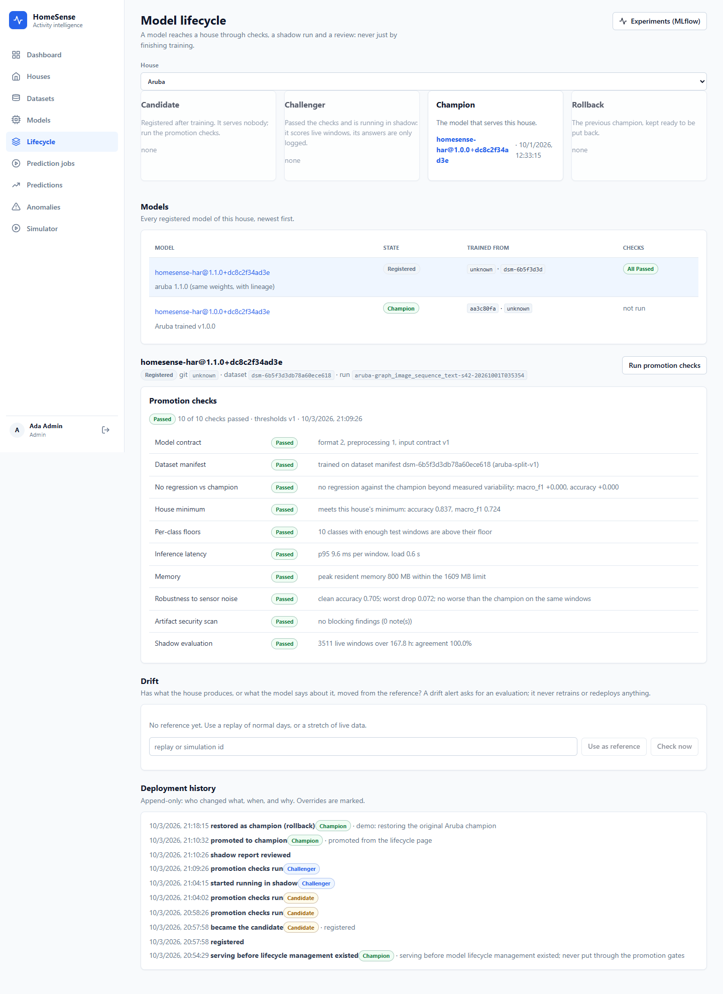 Model lifecycle: checks, shadow run and promotion.