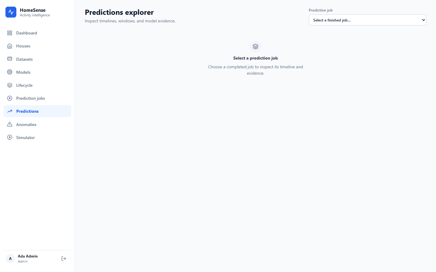 Predictions explorer: the activity timeline coloured by predicted activity (opacity follows confidence), class distribution, the average per-modality signal (text, sequence, image, graph) and a window list with evidence.