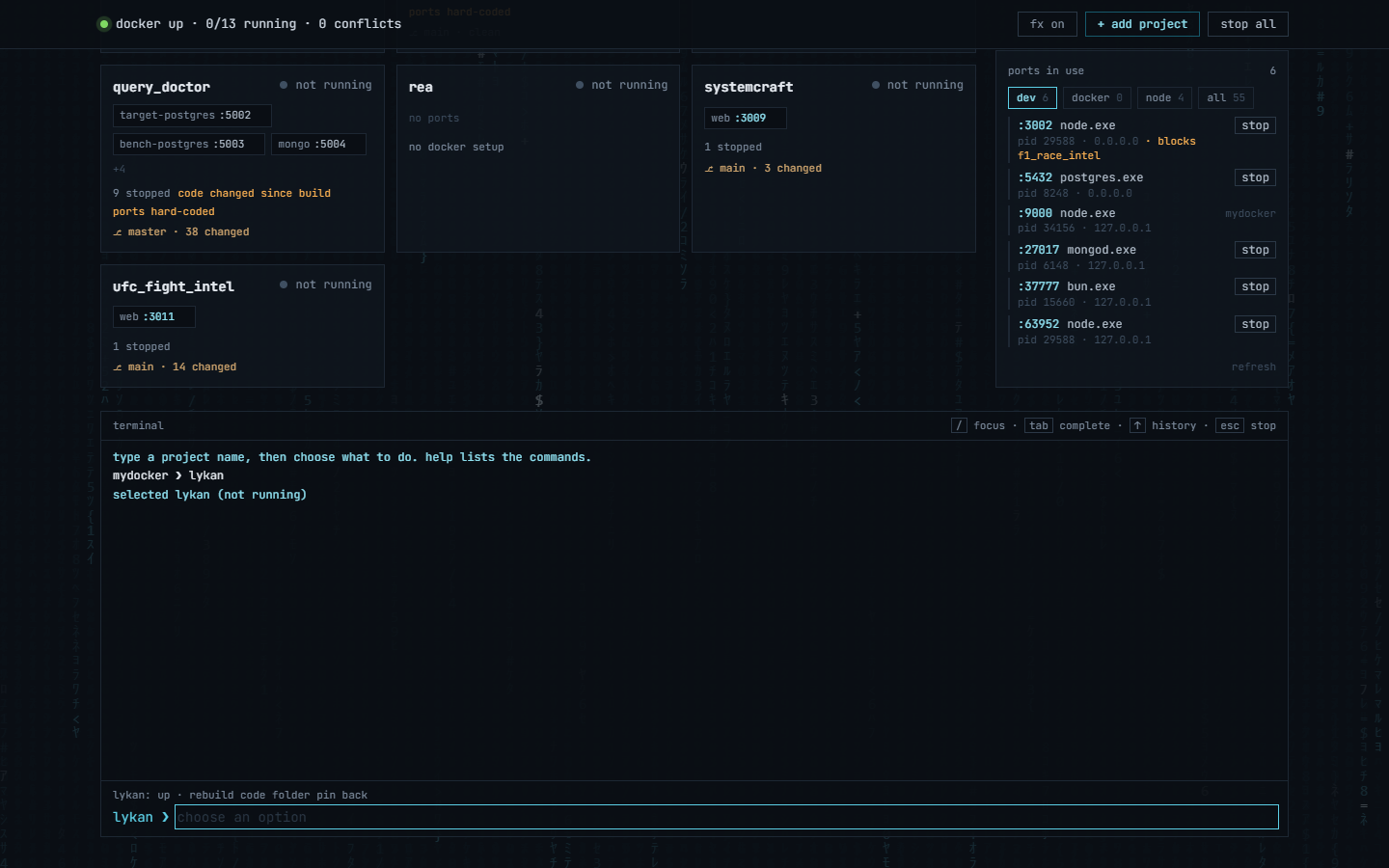 With a project selected, the hint line lists only the options valid for its current state (open, logs, stop, restart, down, rebuild ...).