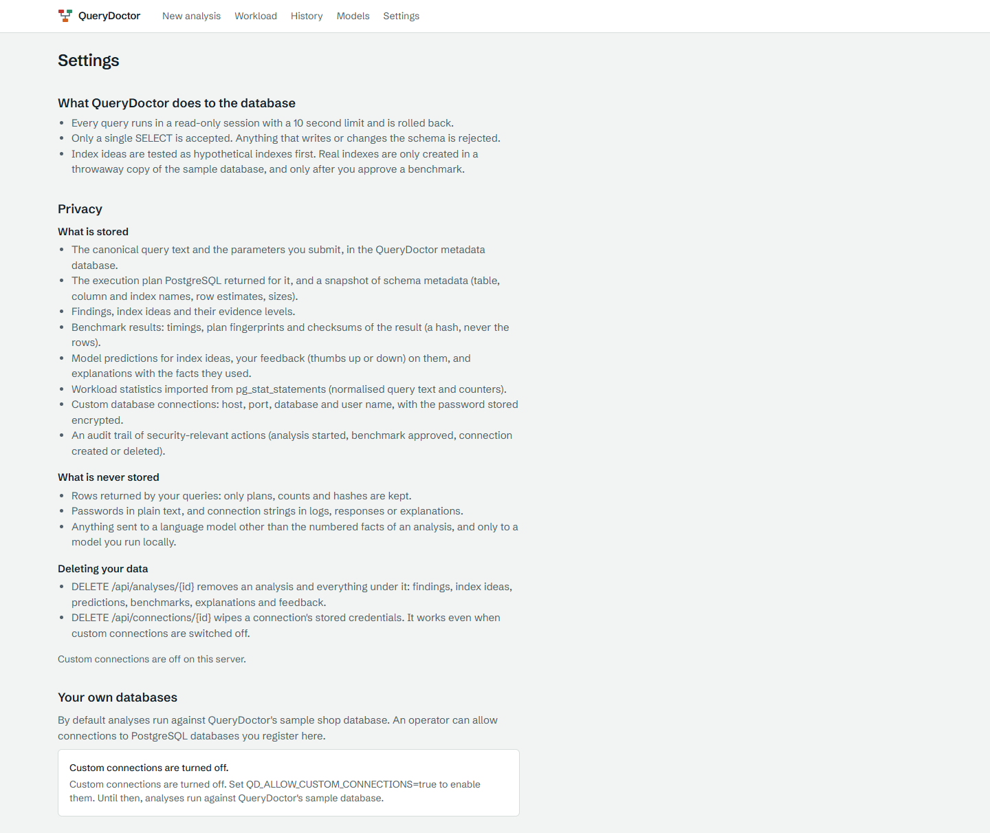 What QueryDoctor does to the database, privacy, and how to connect your own databases.