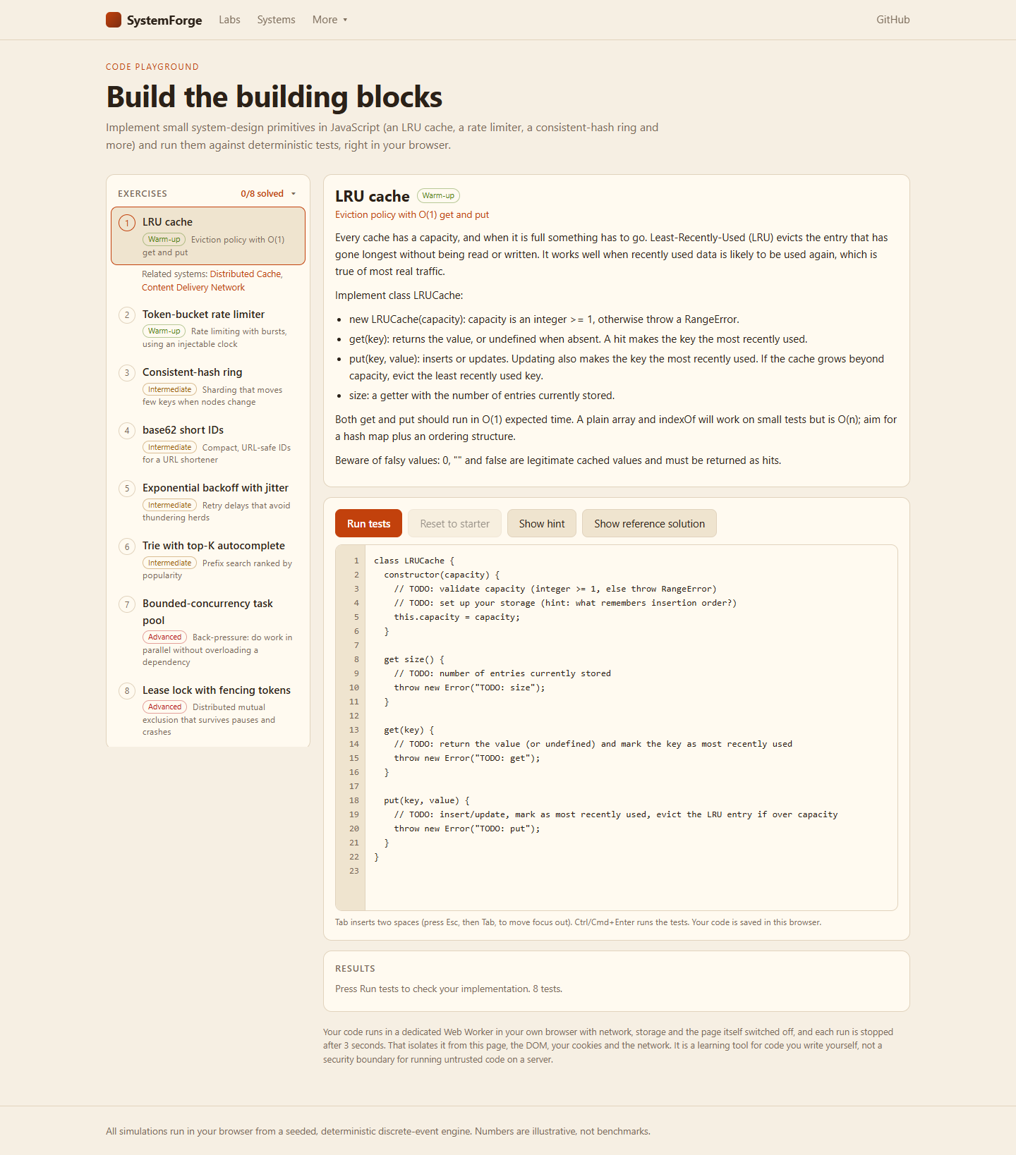 Code playground: eight exercises (LRU cache, token bucket, consistent-hash ring, base62 IDs, backoff with jitter, trie autocomplete, task pool, lease lock).