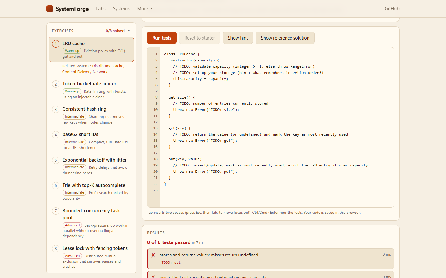 Running the tests against the starter code: "0 of 8 passed" with each failing case named. Code runs in a sandboxed Web Worker with a 3-second timeout.