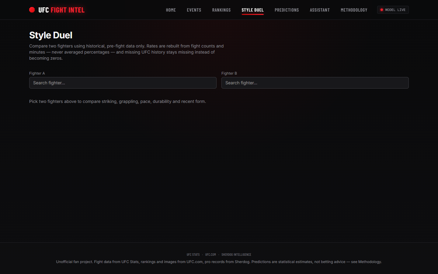 Style Duel: pick two fighters and compare styles, with the round-by-round explorer.