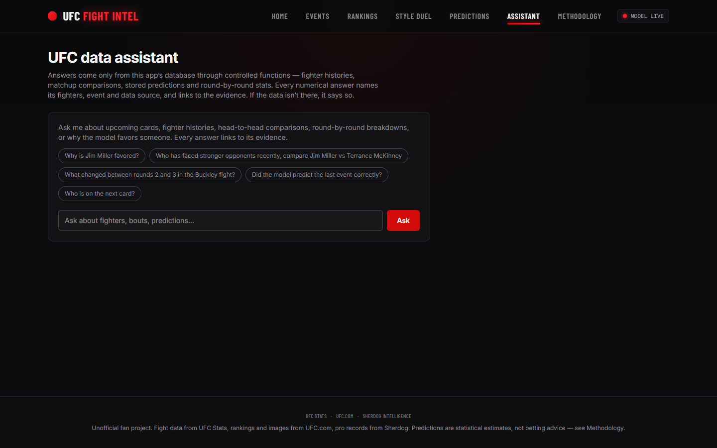 Assistant: suggested questions and a free-text box.