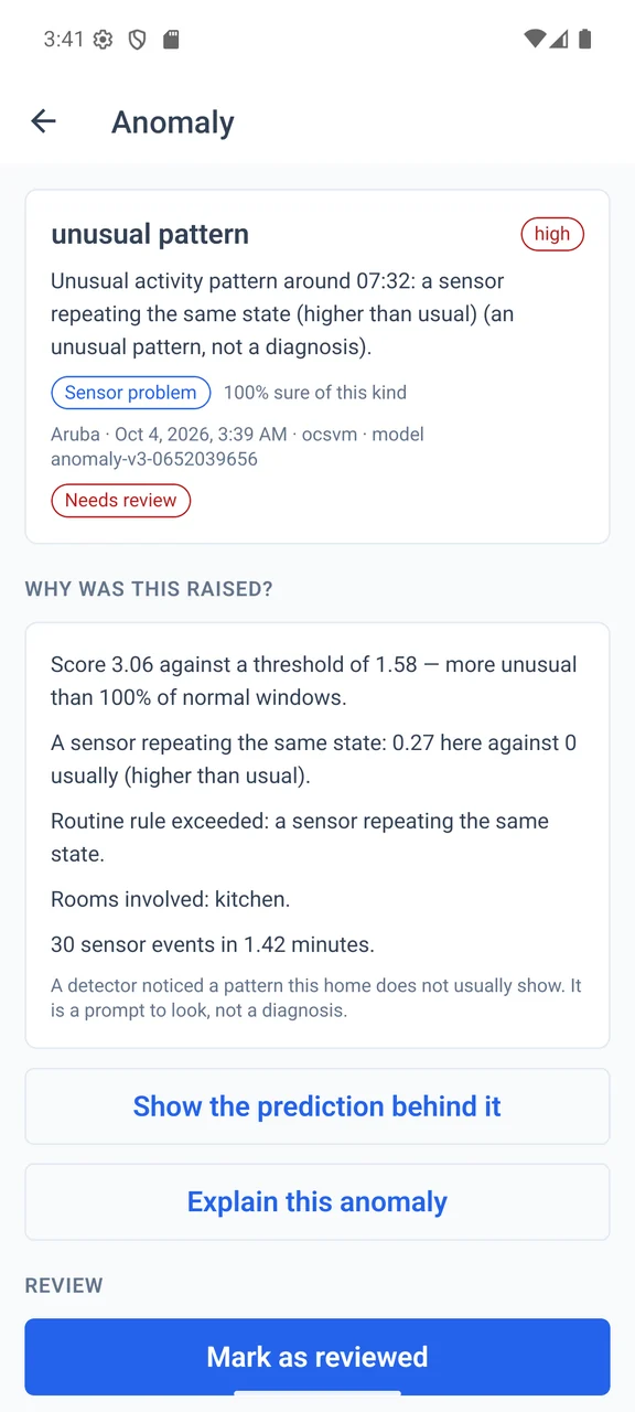 Phone screen showing an anomaly with the reasons it was raised and a Mark as reviewed button.