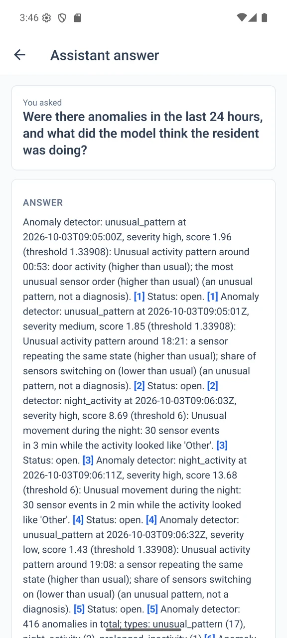 Phone screen showing the assistant answering a question about anomalies in the last 24 hours, with numbered evidence.