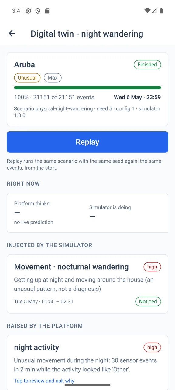 Phone screen showing a finished night-wandering simulation with its injected anomaly marked as noticed.