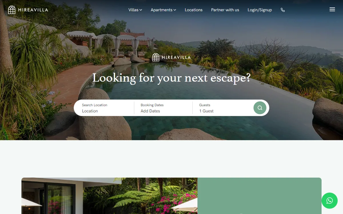 The Hireavilla home page: a villa pool among trees behind the headline Looking for your next escape, with a search bar for location, booking dates and guests.