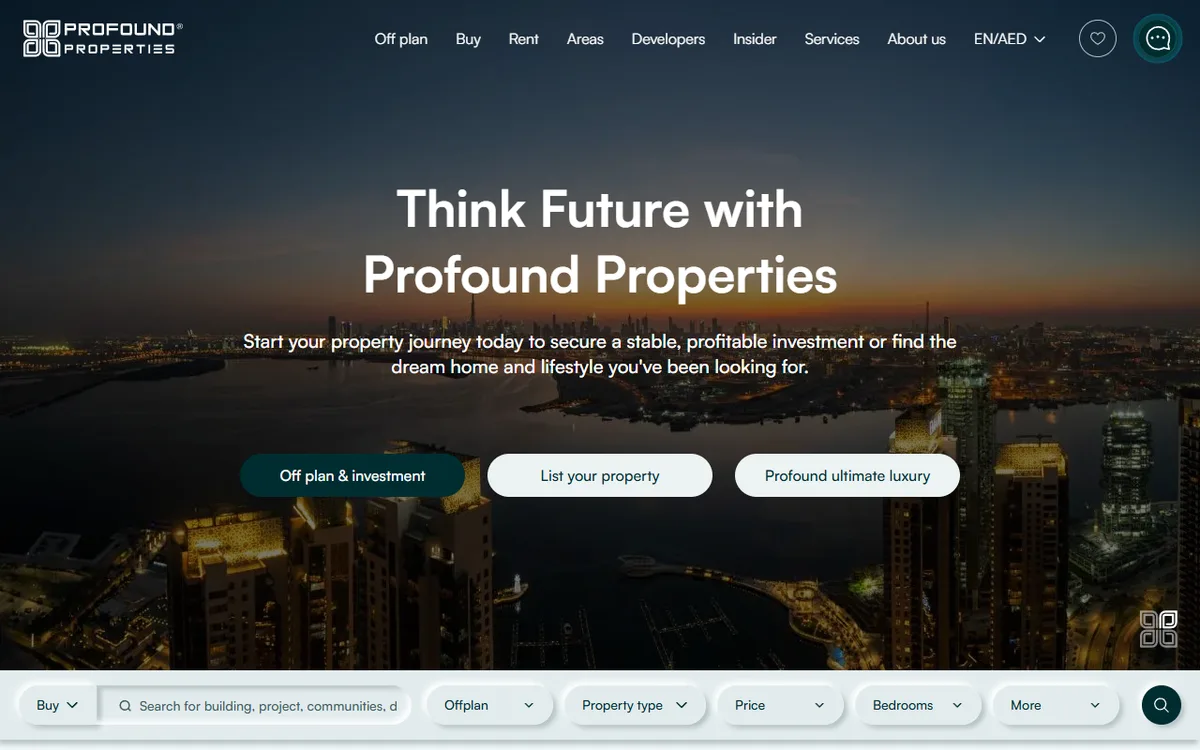 The Profound Properties home page: a Dubai skyline at dusk behind the headline Think Future with Profound Properties, with buttons for off-plan and investment, listing a property and luxury, and a property search bar.