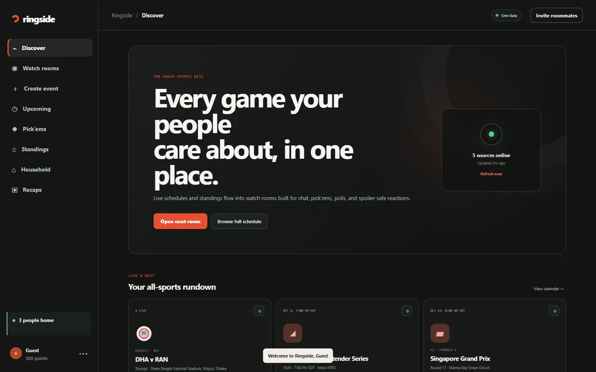 The Ringside Discover page: a dark sidebar with Discover, Watch rooms, Upcoming, Pick'ems and Standings, a hero reading Every game your people care about, in one place, and a card saying five sources are online.