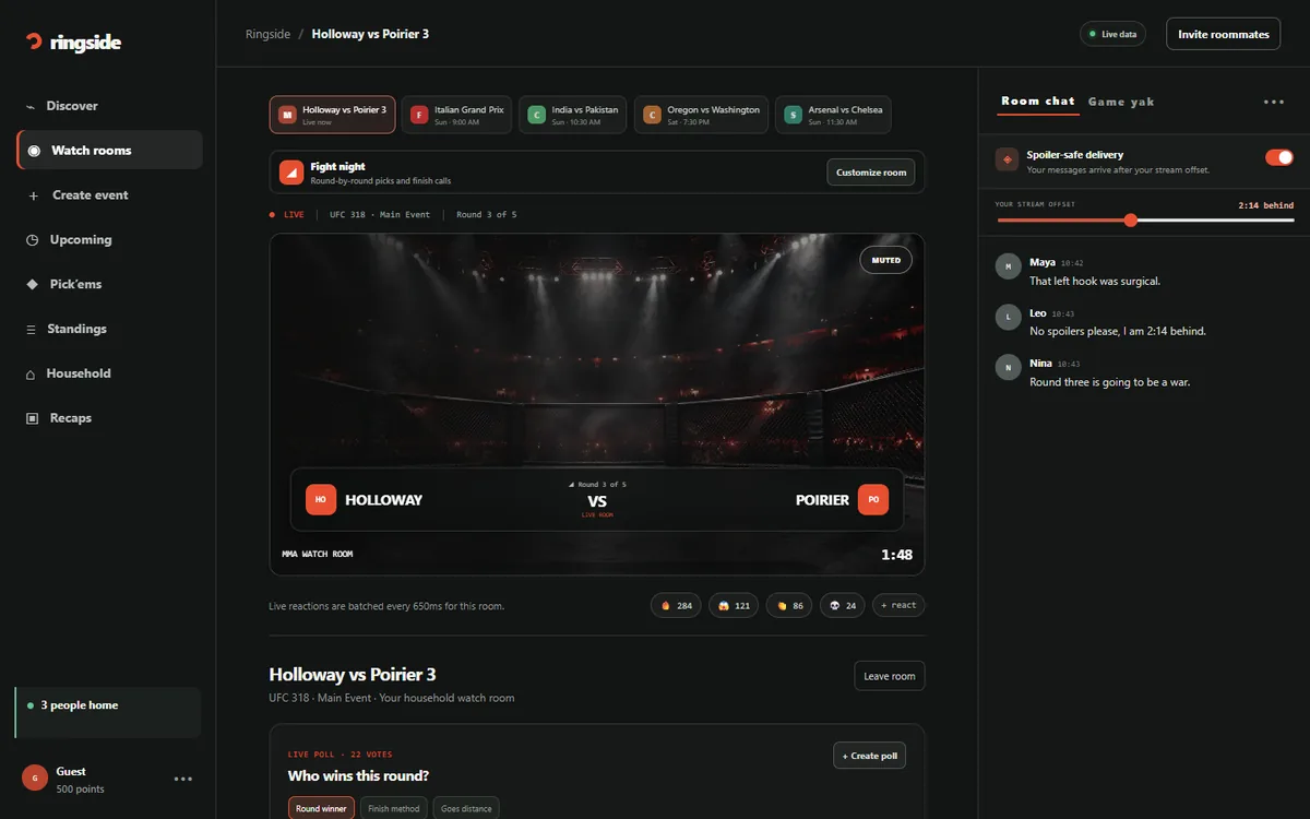 A Ringside watch room for a UFC fight: a stage with both fighters, reaction counters, a live poll, and a chat panel with a spoiler-safe delivery switch and a stream offset slider set to 2:14 behind.