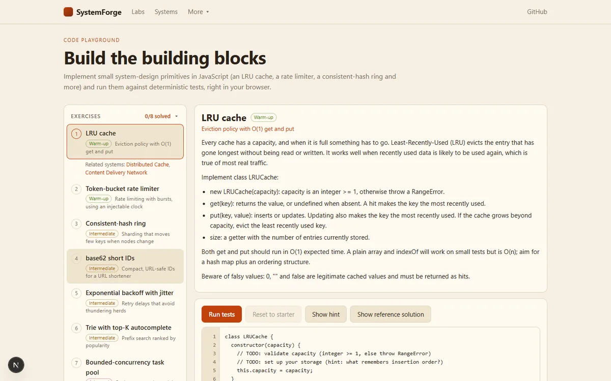 The SystemForge code playground with a list of exercises such as an LRU cache and a token-bucket rate limiter, the task description, and buttons to run tests, show a hint or show the reference solution.